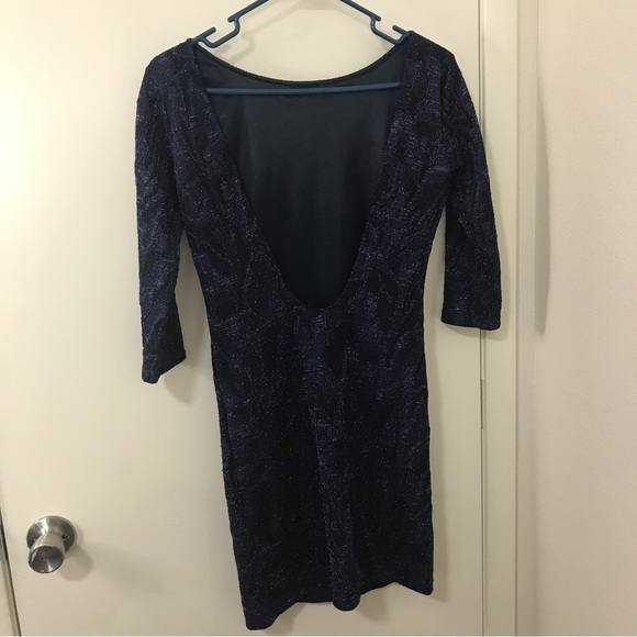 Zara trafaluc dark blue and silver metallic lace open back evening dress M - Picture 2 of 9